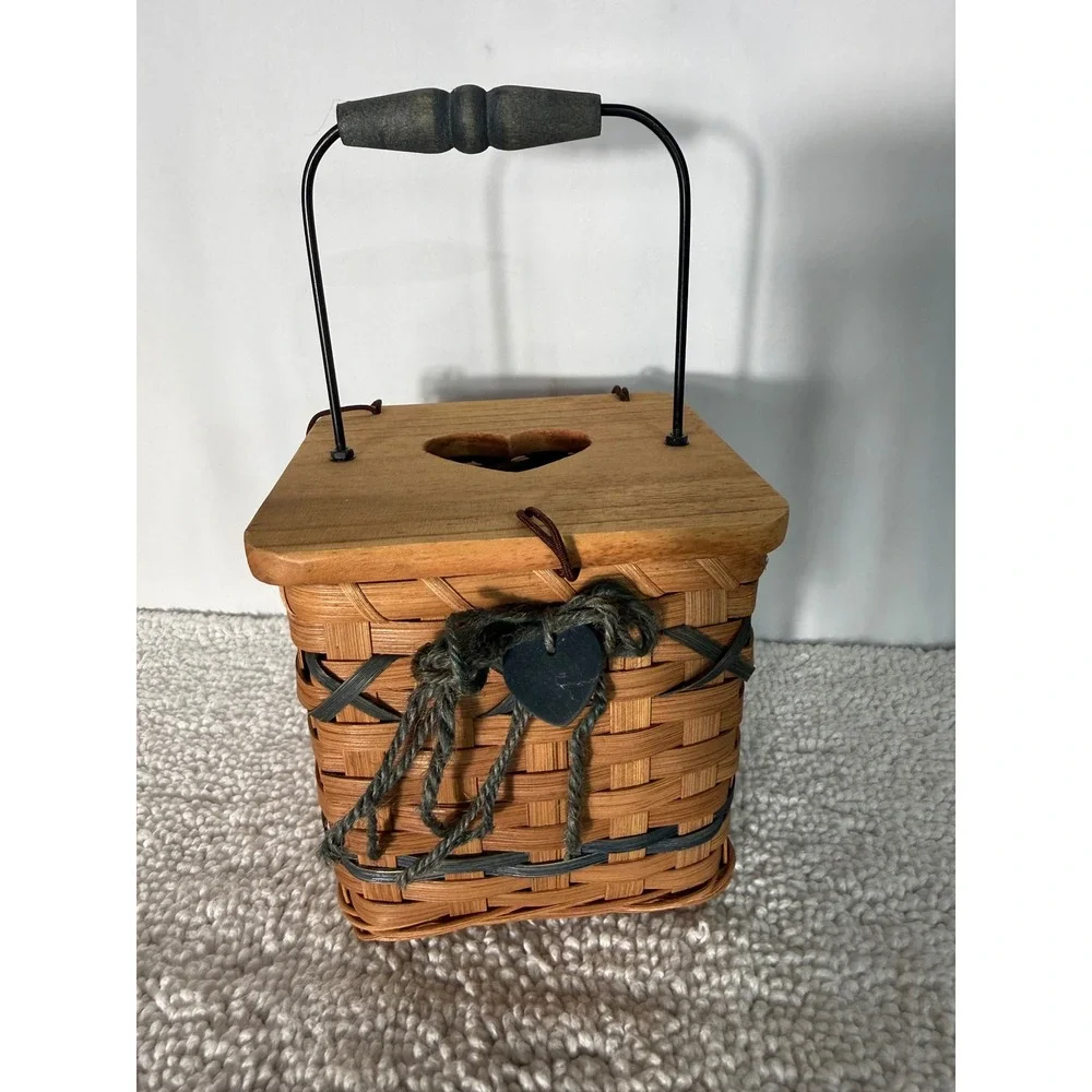 Vintage Rustic Woven Square Kleenex Basket with Wood Heart Lid and Metal Handle